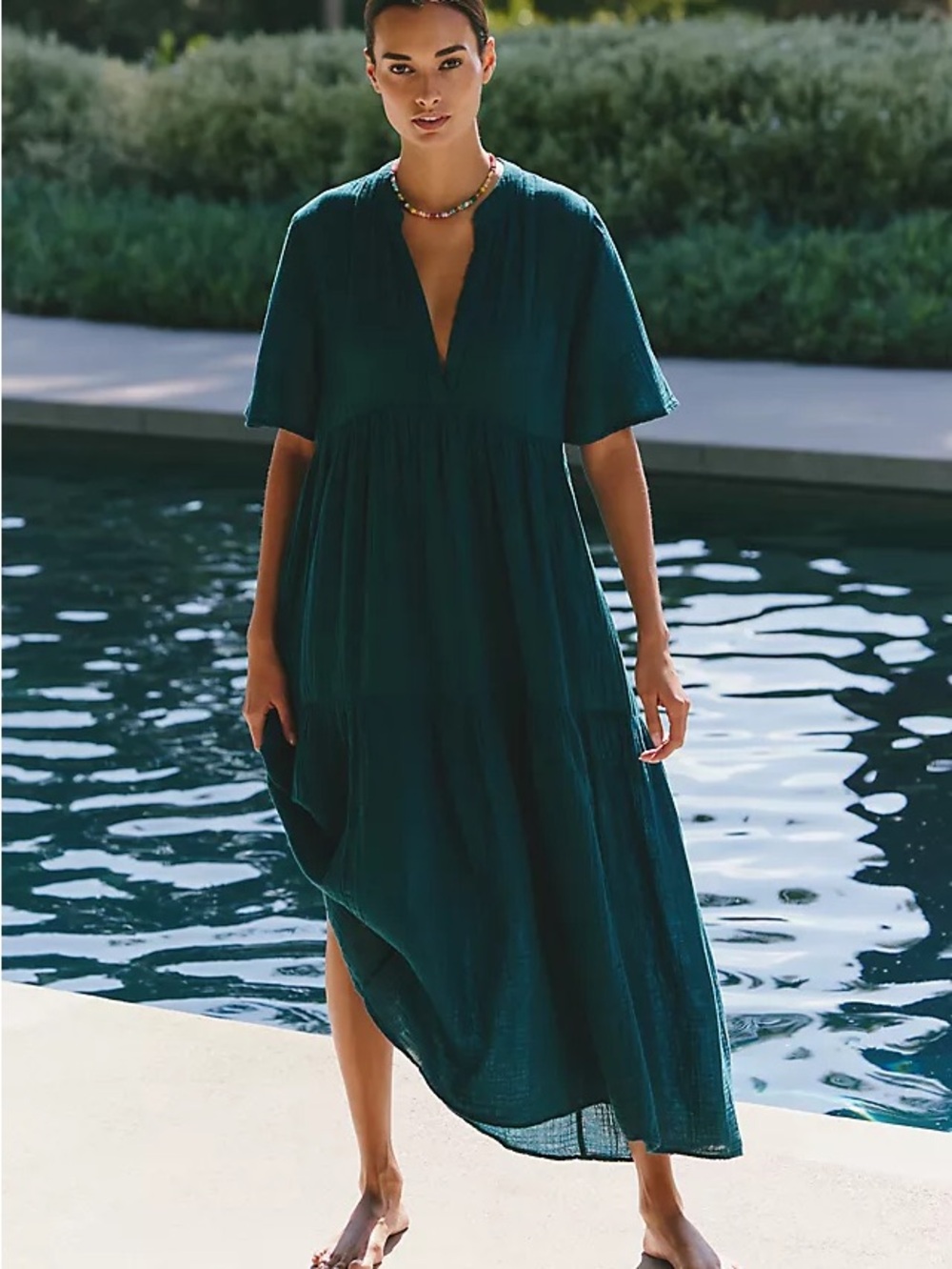 Brass & Roe Deep Teal V-Neck 100% Cotton Gauze Dress